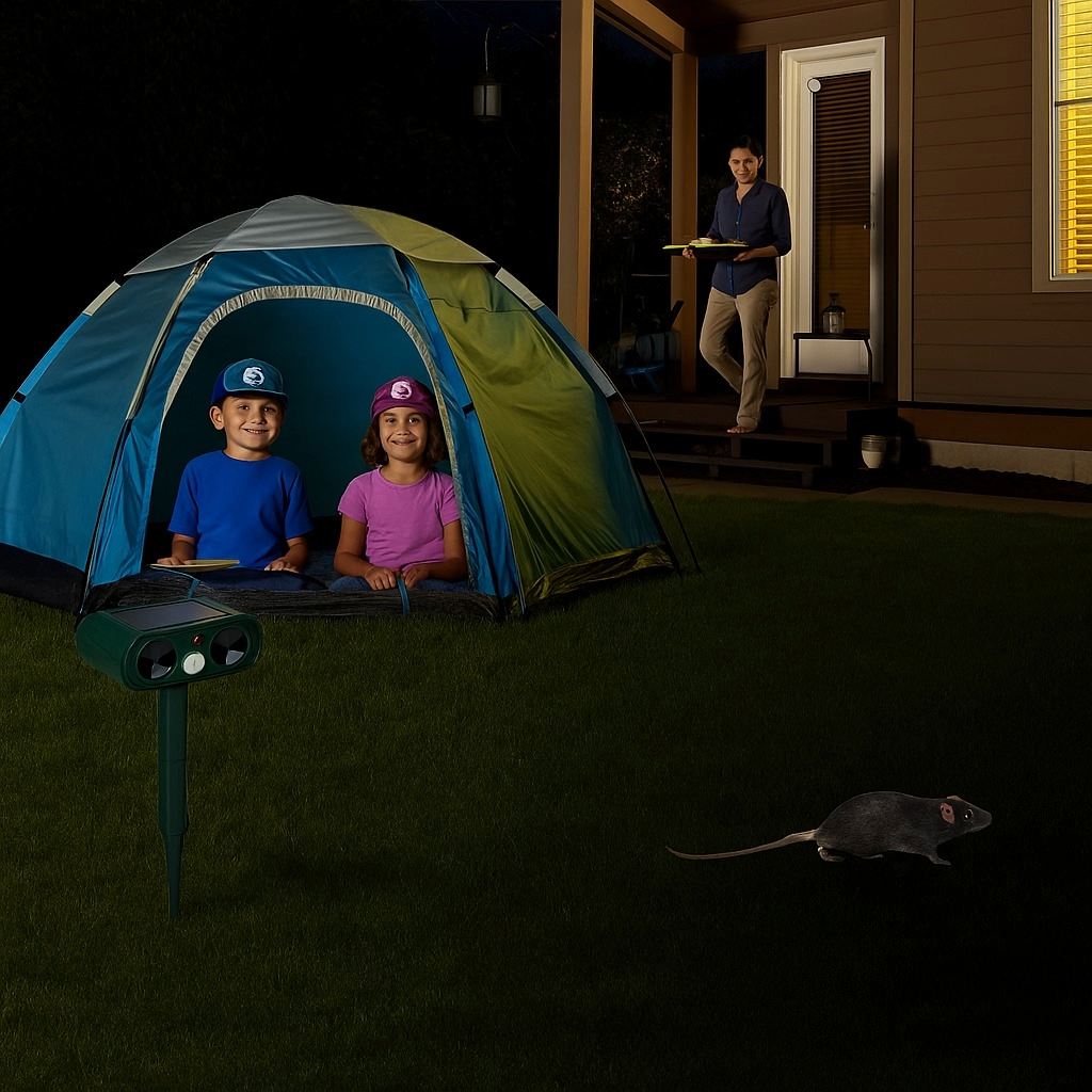 Children sitting in a tent at night near a solar ultrasonic animal repeller, with a rat approaching on the lawn and an adult bringing food from a house in the background.