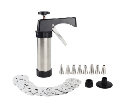 Complete stainless steel cookie press kit with 13 discs, 8 icing tips, and accessories
