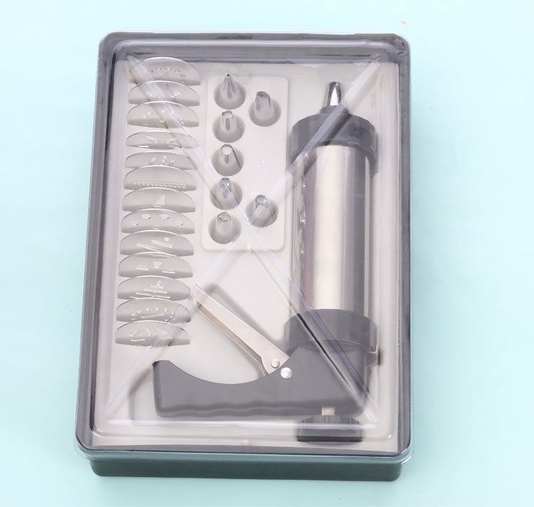 Stainless steel cookie press kit in gift box packaging with 13 discs and 8 icing tips
