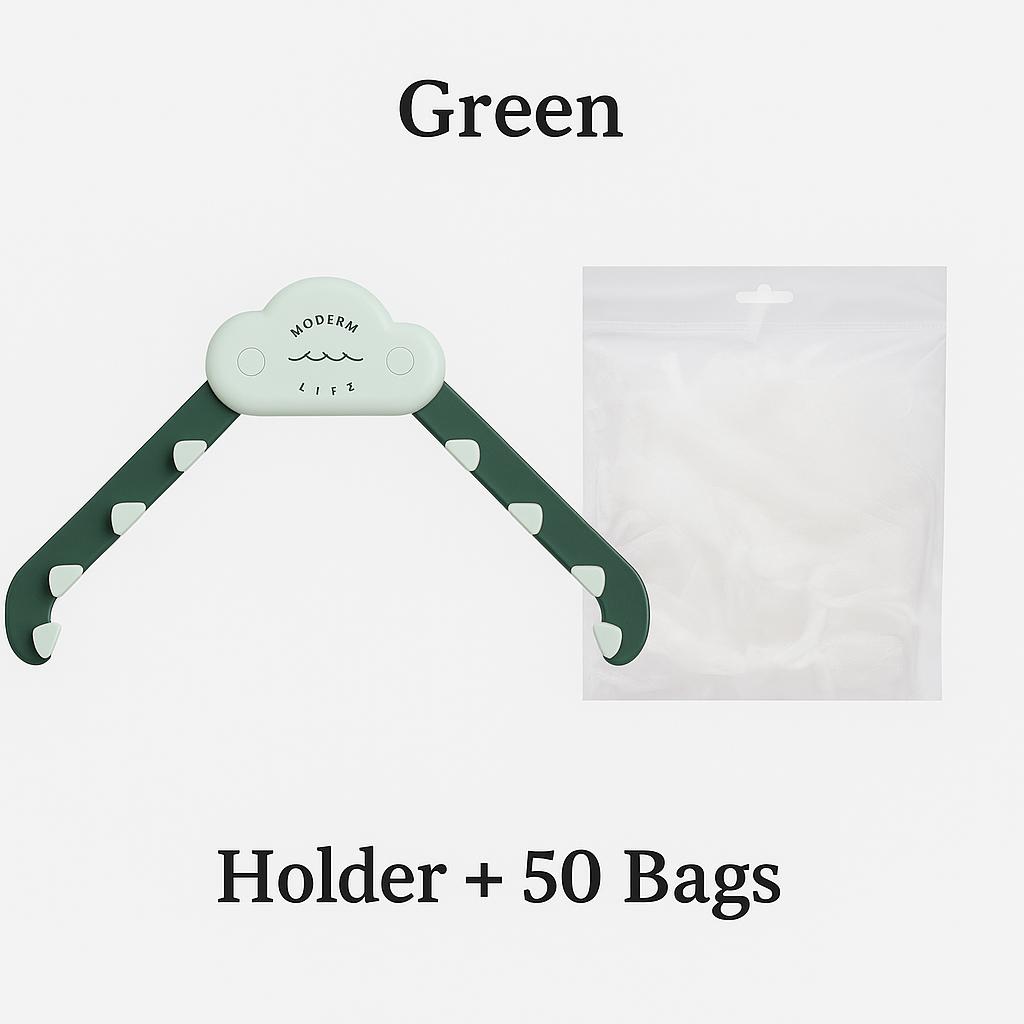 Green triangular sink filter holder with a mesh bag, shown with 50 disposable filter bags