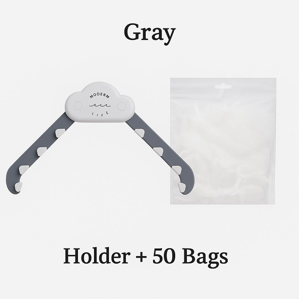 Gray triangular sink filter holder with a mesh bag, shown with 50 disposable filter bags