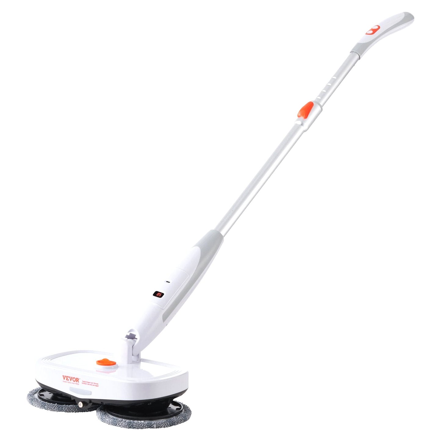 Angled view of the VEVOR cordless electric spin mop with dual microfiber heads and ergonomic handle.