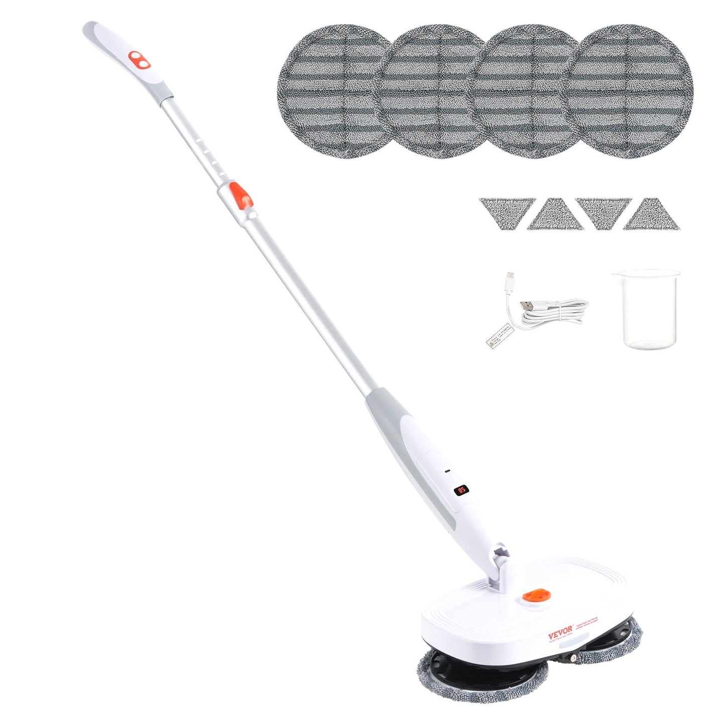 VEVOR cordless electric spin mop with microfiber pads, trapezoid pads, USB-C charging cable, and measuring cup.