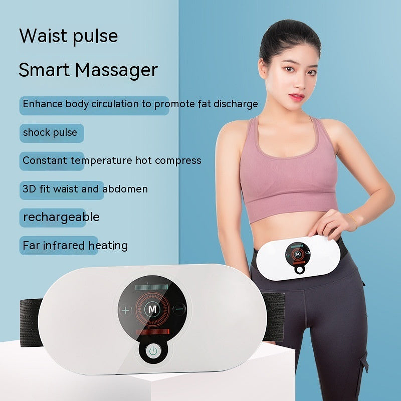 Smart waist massager shown on model with feature list: enhance circulation, shock pulse, hot compress, 3D fit, rechargeable, and infrared heating