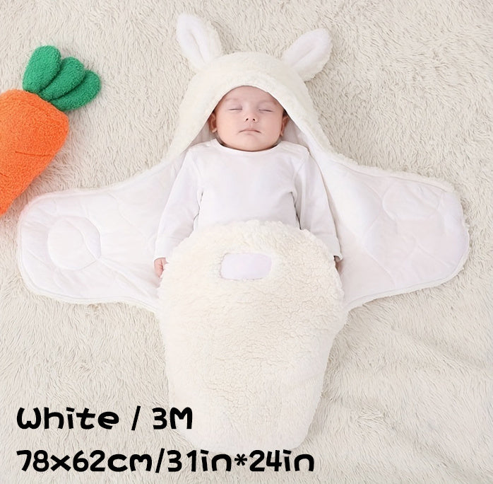 Soft white baby swaddle sleeping bag with hood and bunny ears, size 3M, dimensions 78×62 cm (31×24 inches).