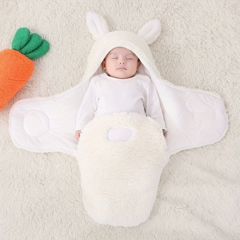 A sleeping baby in a white fluffy swaddle blanket with bunny ears, lying on a soft beige rug.