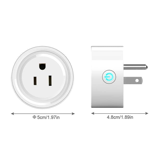WiFi Smart Plug with front and side view showing product dimensions in cm and inches
