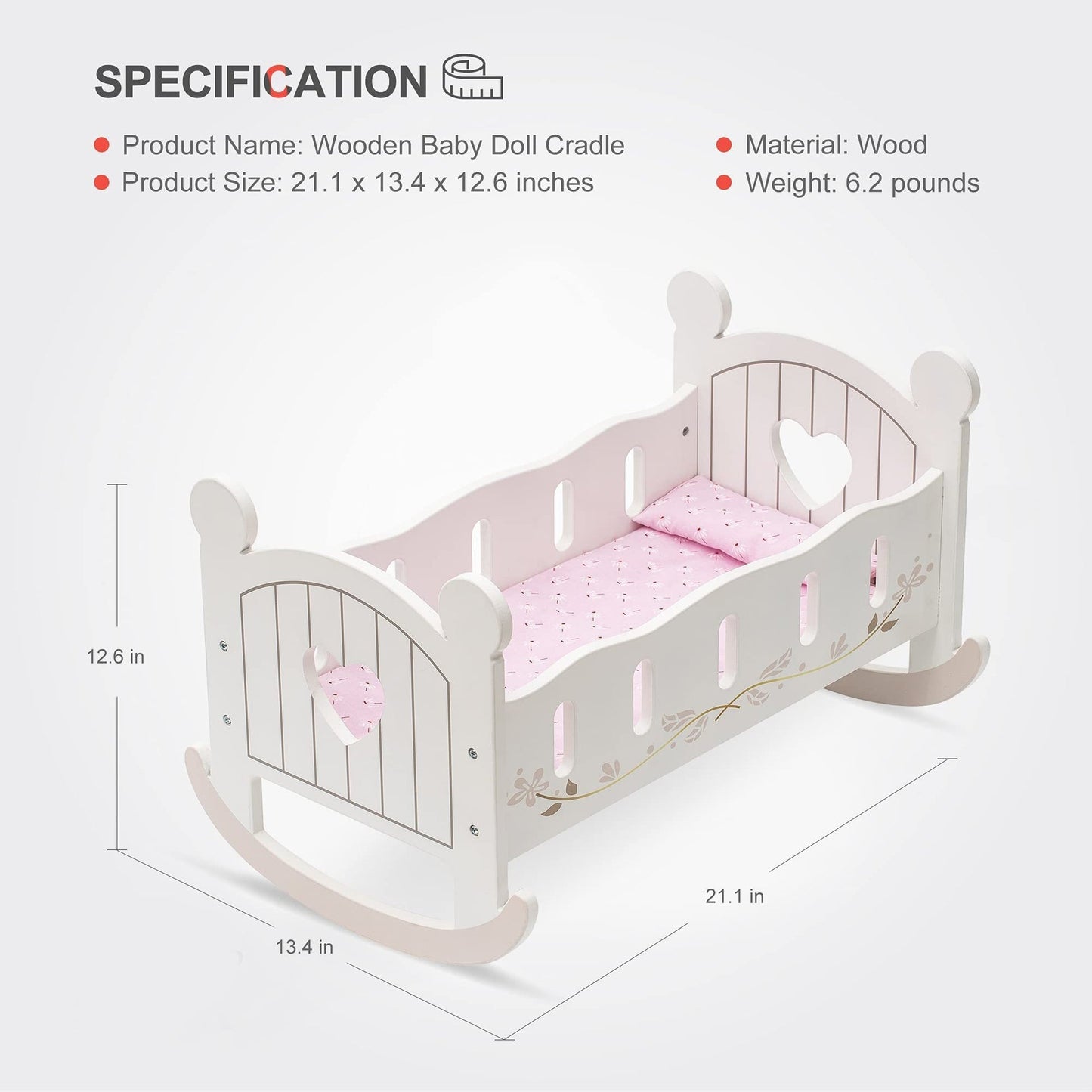 White wooden doll cradle with heart cutouts, pink bedding, and size specifications labeled in inches