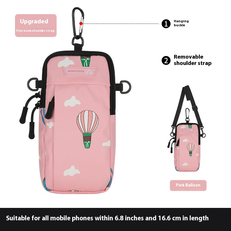 Pink phone case with hot air balloon design, hanging bubble, and removable shoulder strap on a white background.
