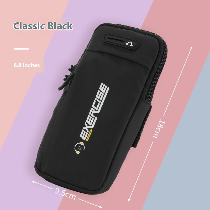 Black exercise phone armband with branding on a colorful background