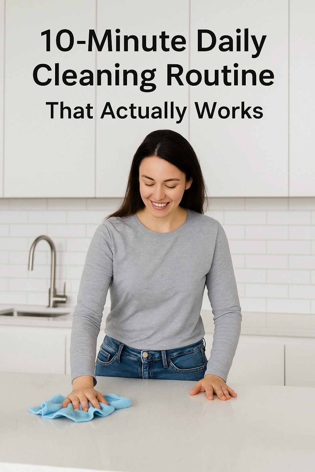 Woman cleaning a kitchen countertop with a blue cloth as part of a 10-minute daily cleaning routine