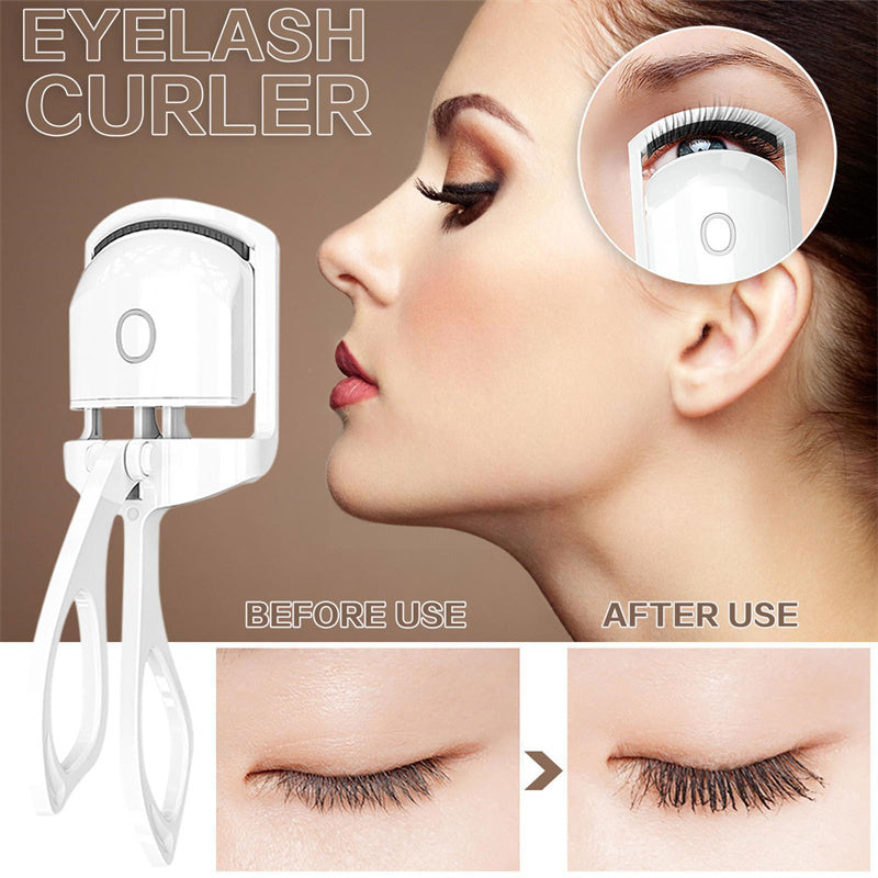 Heated eyelash curler with close-up of model’s lifted lashes and before-and-after results, showcasing dramatic lash curl effect.