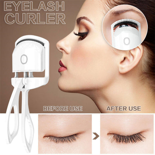 Heated eyelash curler with close-up of model’s lifted lashes and before-and-after results, showcasing dramatic lash curl effect.