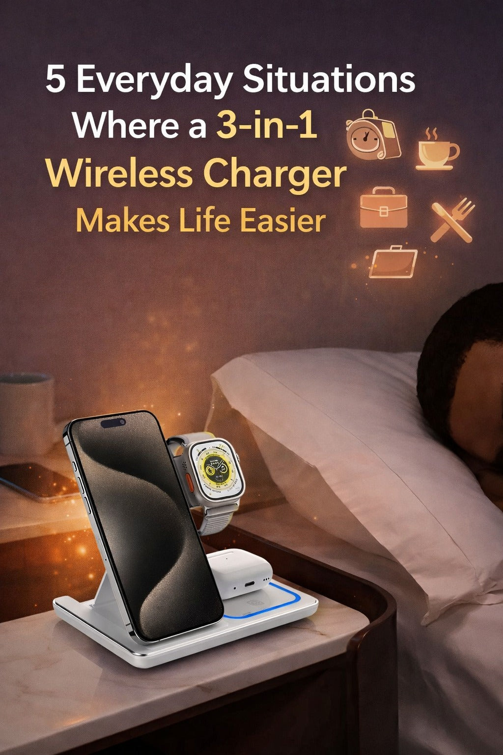 Modern lifestyle blog cover showing a 3-in-1 wireless charger on a bedside table in a softly lit bedroom, designed for an article about everyday situations where wireless charging makes life easier.