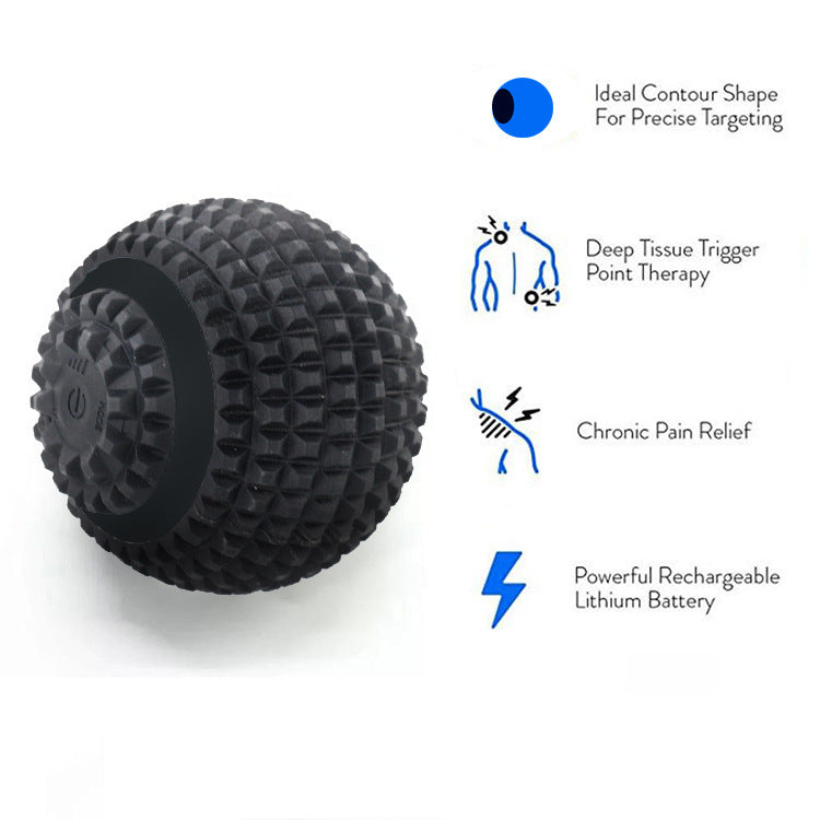 Black vibrating massage ball with textured surface and icons highlighting deep tissue therapy, chronic pain relief, and rechargeable battery.