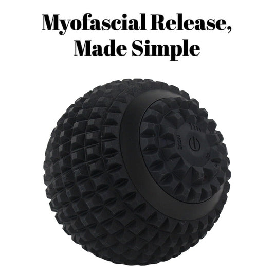 Black 4-speed electric massage ball for myofascial release and muscle relaxation, placed on a white background.