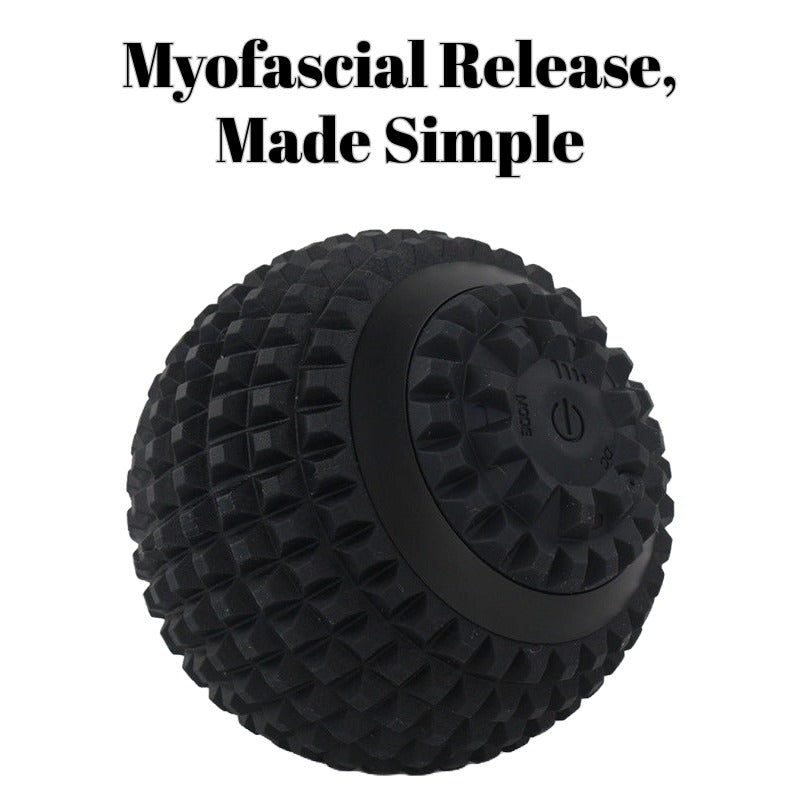 Black 4-speed electric massage ball for myofascial release and muscle relaxation, placed on a white background.