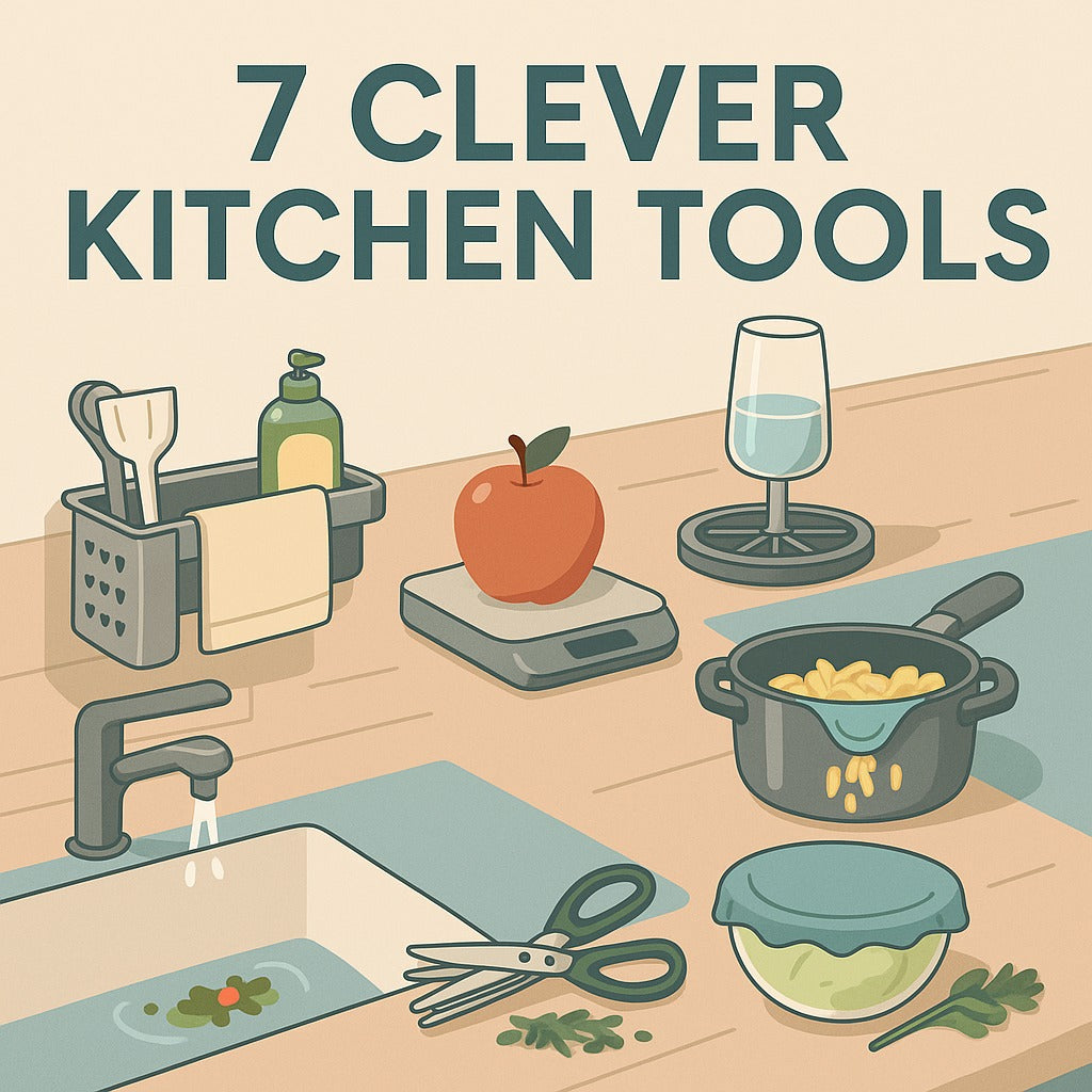 Illustrated kitchen scene showcasing 7 clever tools, including a sink rack, food scale, cup rinser, silicone cover, strainer, herb scissors, and sink filter, with the title "7 Clever Kitchen Tools" above.