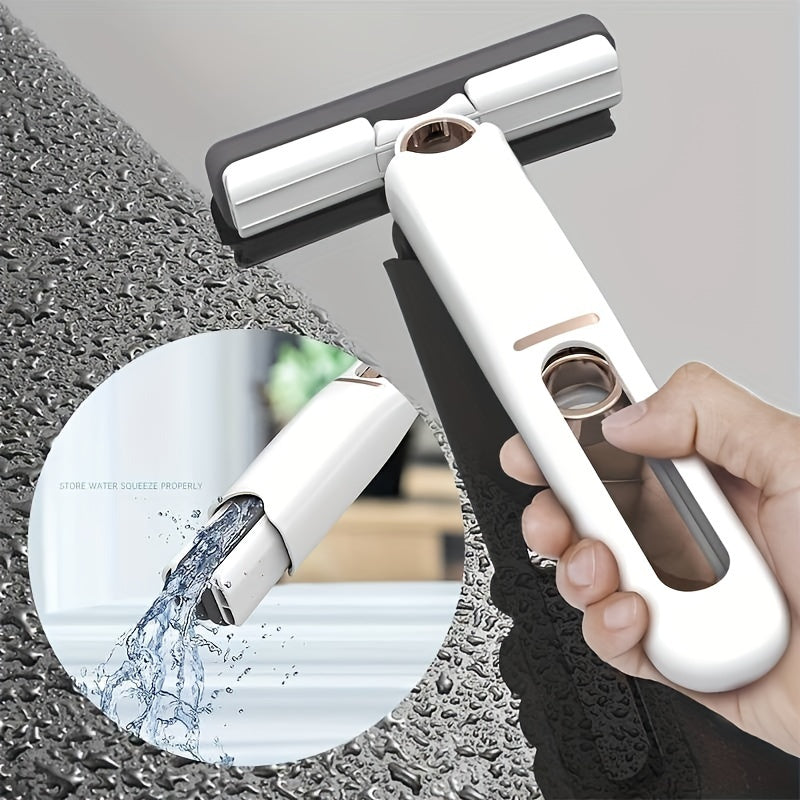 Close-up of a hand using a white portable self-squeeze mini mop on a wet surface, with inset image showing water absorption on a window for multi-surface cleaning