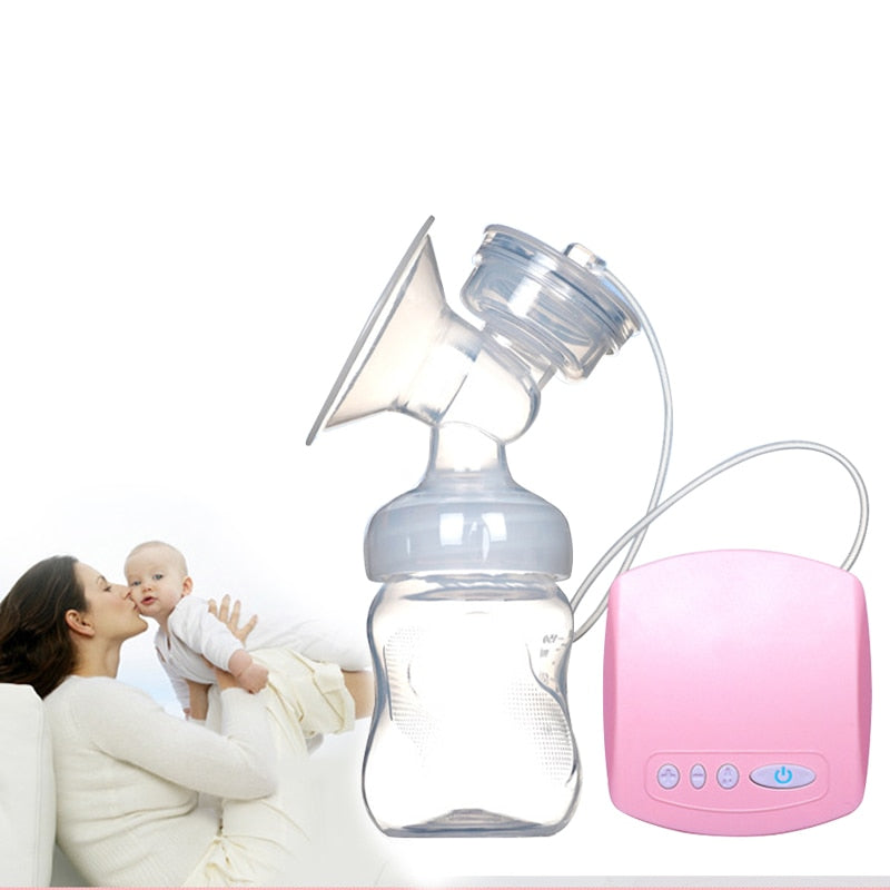 Lifestyle image of mother holding baby with electric breast pump on the table