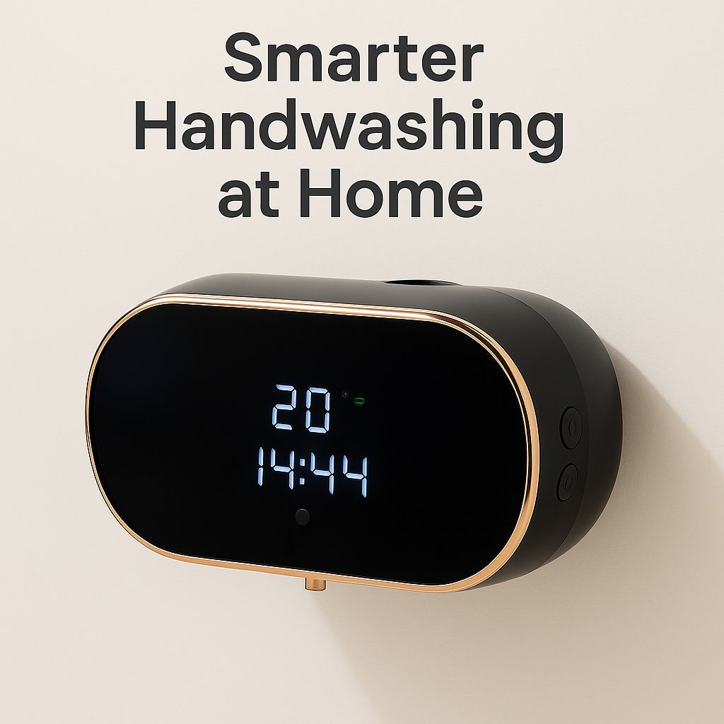 Wall-mounted black automatic foam soap dispenser with LED display and the headline ‘Smarter Handwashing at Home’.