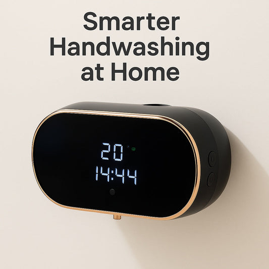 Wall-mounted black automatic foam soap dispenser with LED display and the headline ‘Smarter Handwashing at Home’.