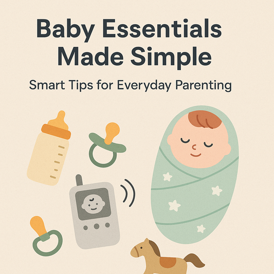 Flat-style illustration of baby care essentials with a swaddled baby, pacifiers, baby bottle, baby monitor, and wooden horse, titled 'Baby Essentials Made Simple – Smart Tips for Everyday Parenting'.