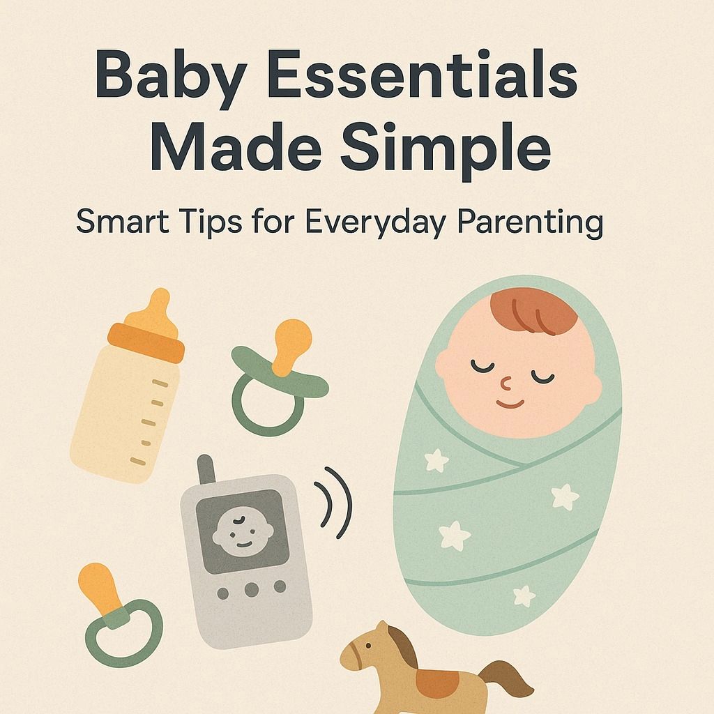 Flat-style illustration of baby care essentials with a swaddled baby, pacifiers, baby bottle, baby monitor, and wooden horse, titled 'Baby Essentials Made Simple – Smart Tips for Everyday Parenting'.
