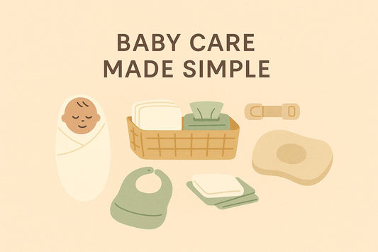 Minimalist illustration of baby care essentials, including a swaddled baby, basket with diapers and wipes, safety latch, bib, and pillow, with the text "Baby Care Made Simple" on a beige background.