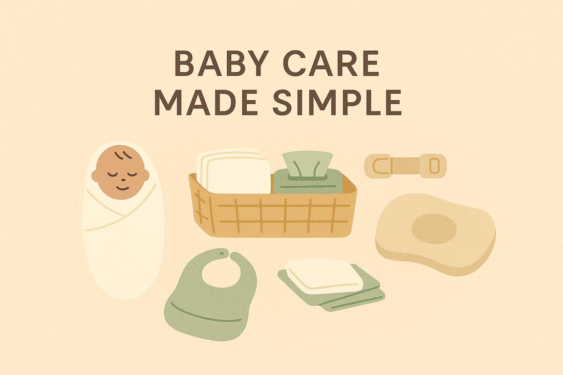 Minimalist illustration of baby care essentials, including a swaddled baby, basket with diapers and wipes, safety latch, bib, and pillow, with the text "Baby Care Made Simple" on a beige background.