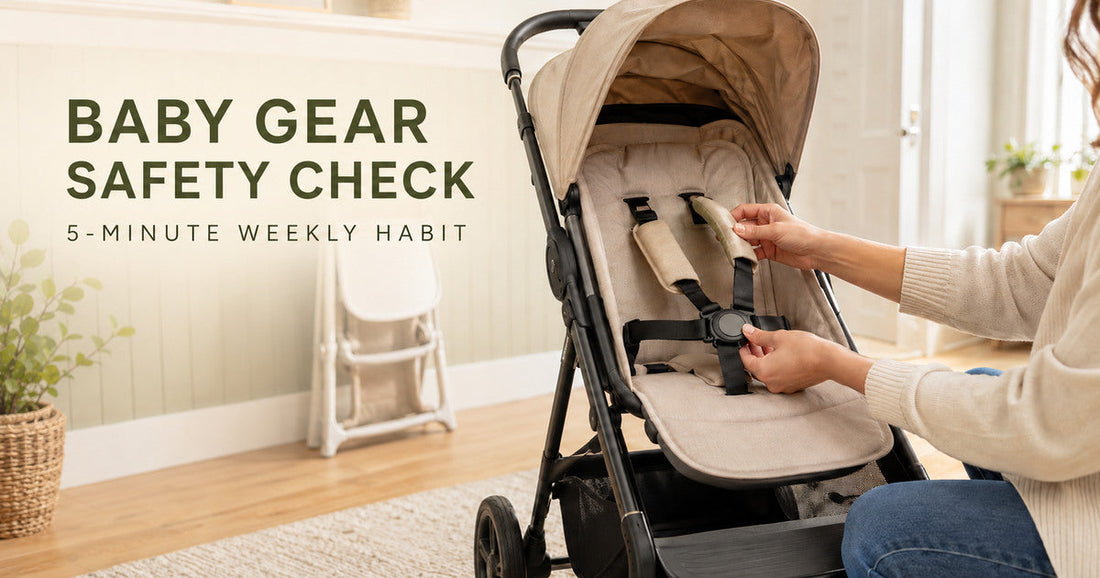 Parent checking a stroller harness and buckle during a weekly baby gear safety inspection