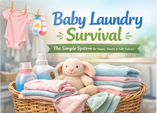Pastel baby clothes, folded towels, detergent bottles and a teddy bear in a laundry basket for a baby laundry care article.
