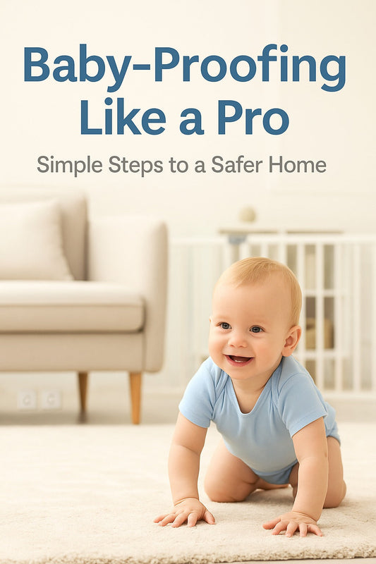 Baby-Proofing Like a Pro cover image showing a smiling baby crawling on a soft rug in a bright, safe living room with text overlay "Simple Steps to a Safer Home".