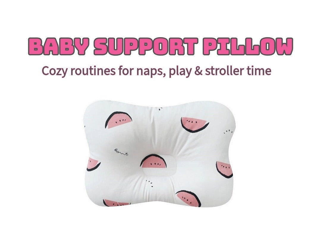 Baby support pillow with a cute pink watermelon pattern and the text “Baby support pillow – cozy routines for naps, play & stroller time” on a white background.