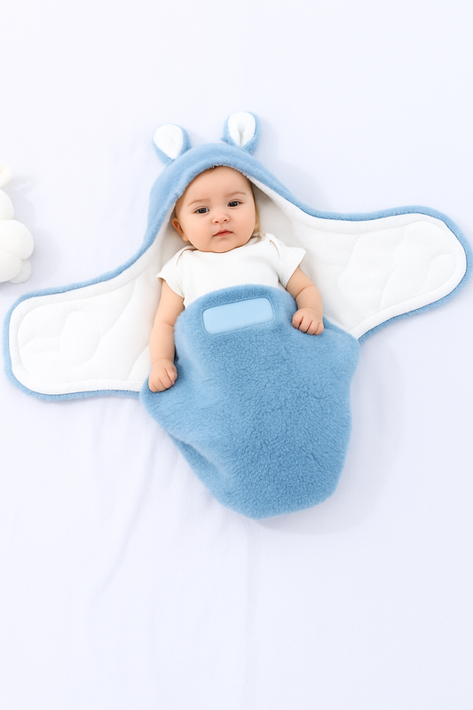 Baby wrapped in a soft blue swaddle with bunny ears, lying on a white blanket.