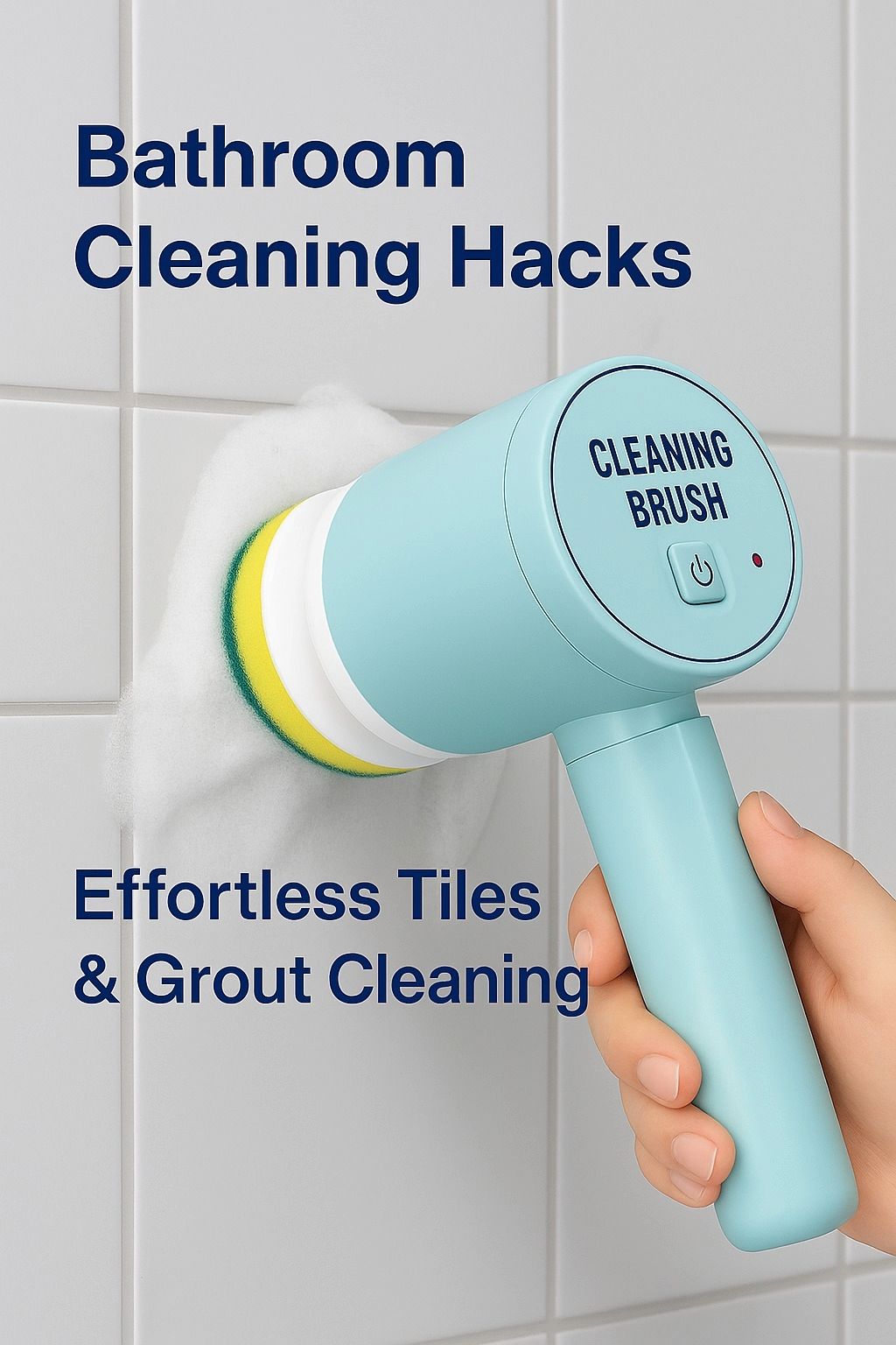 Cordless electric cleaning brush scrubbing bathroom tiles with foam – Bathroom Cleaning Hacks