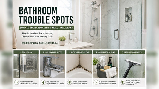 Clean bathroom cleaning guide cover showing shower glass, soap scum, hard water spots, and mold-prone areas.
