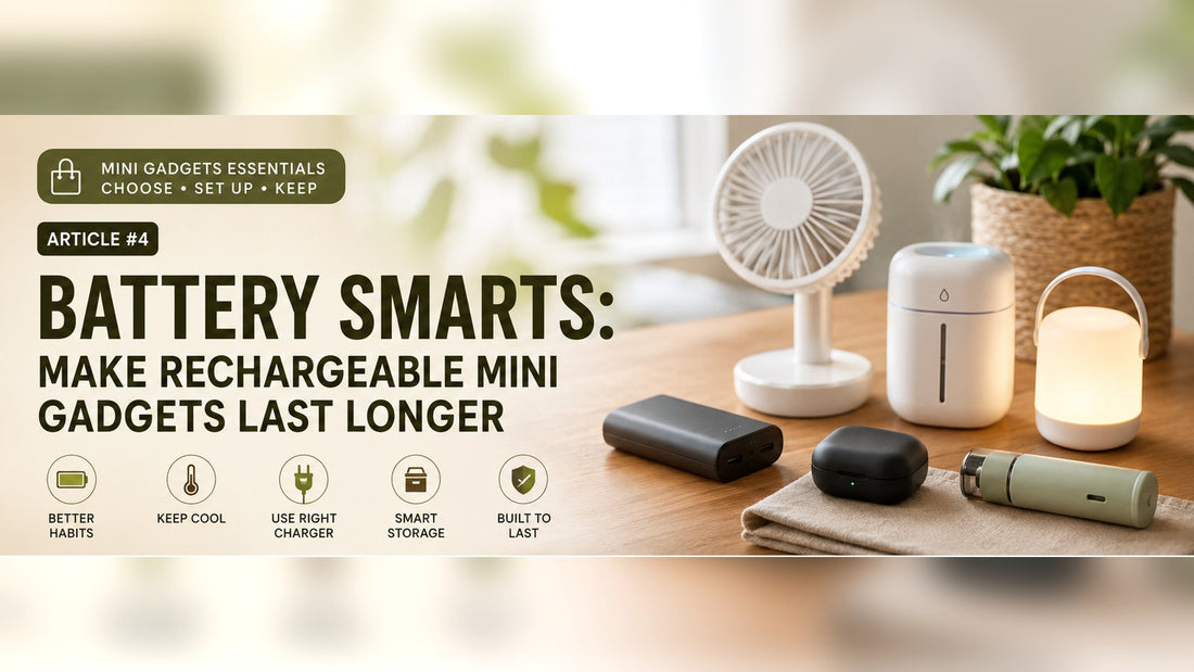 Rechargeable mini gadgets on a desk with battery care tips for making small devices last longer.