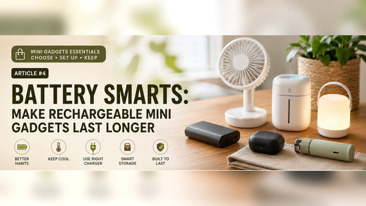 Rechargeable mini gadgets on a desk with battery care tips for making small devices last longer.