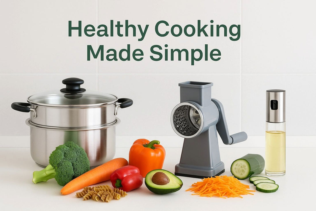 Healthy cooking cover image with vegetables, steamer, slicer and oil sprayer on a modern kitchen counter
