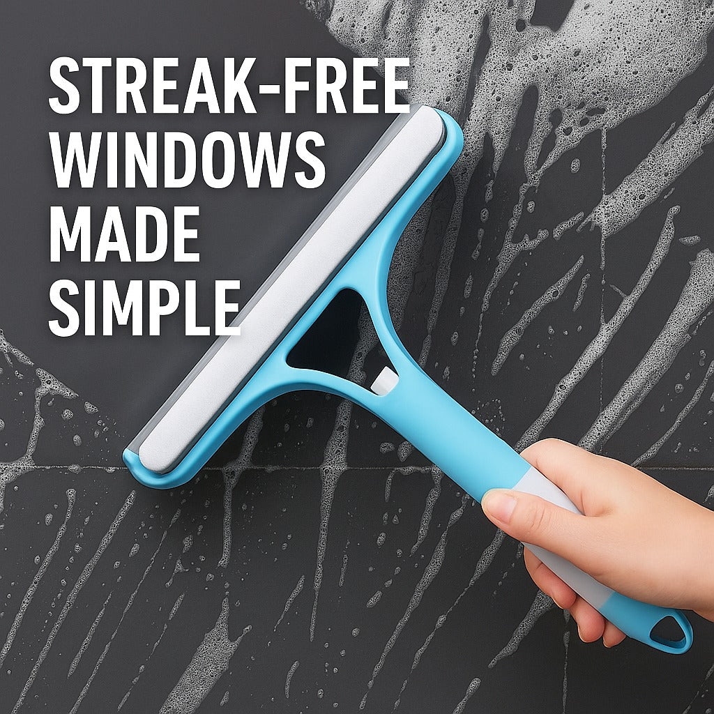 Cover image showing blue 3-in-1 window squeegee cleaning soapy tiles with text Streak-Free Windows Made Simple