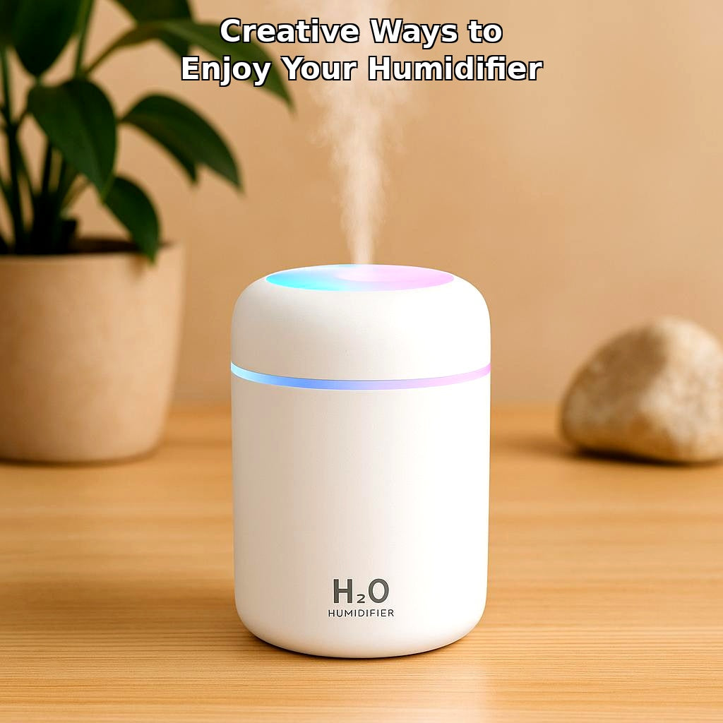 White USB colorful cup air humidifier on wooden table with green plant in background, text overlay "Creative Ways to Enjoy Your Humidifier"