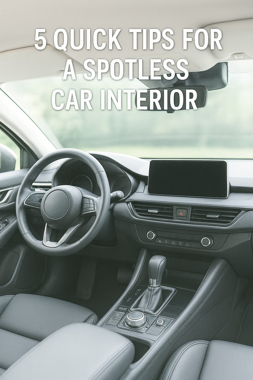 Bright and modern car interior with steering wheel, dashboard, and gear console, overlaid with bold white text saying '5 Quick Tips for a Spotless Car Interior'.