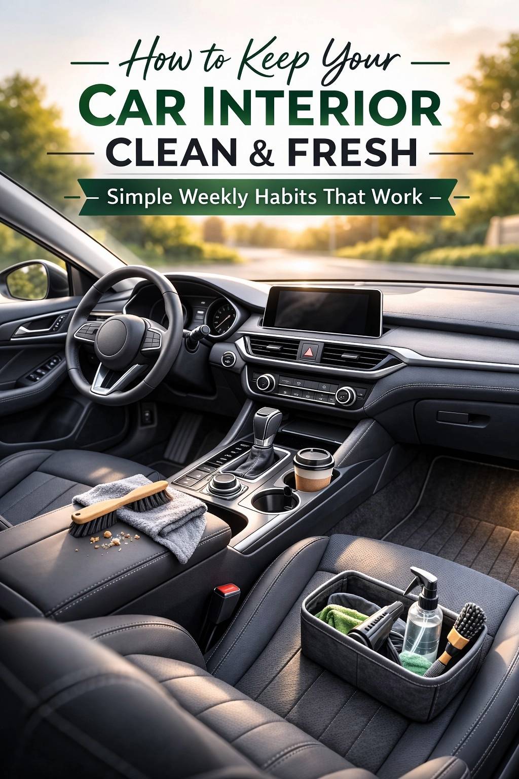Clean modern car interior with simple car-cleaning tools and text overlay about weekly habits for keeping the car interior clean and fresh.