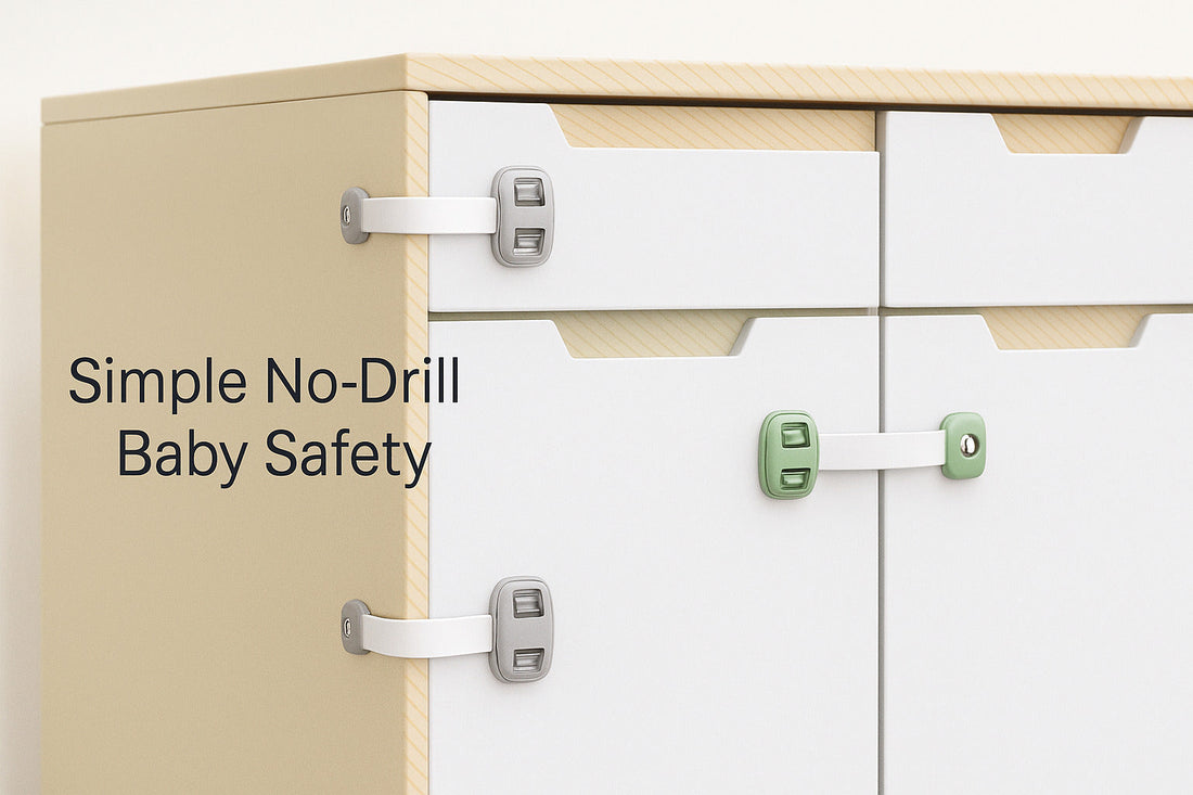 Blog cover showing multiple child safety straps securing cabinet doors with text 'Simple No-Drill Baby Safety' in minimalist design.