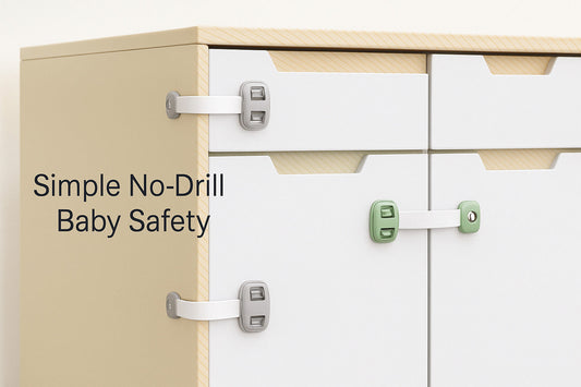 Blog cover showing multiple child safety straps securing cabinet doors with text 'Simple No-Drill Baby Safety' in minimalist design.