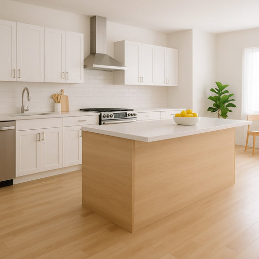 Bright and modern minimalist kitchen with white cabinets, light wood island, and bowl of lemons, conveying a clean and tidy home atmosphere.
