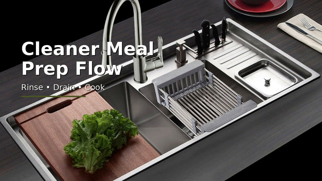 Expandable stainless steel sink basket creating a cleaner meal prep station over a modern kitchen sink.