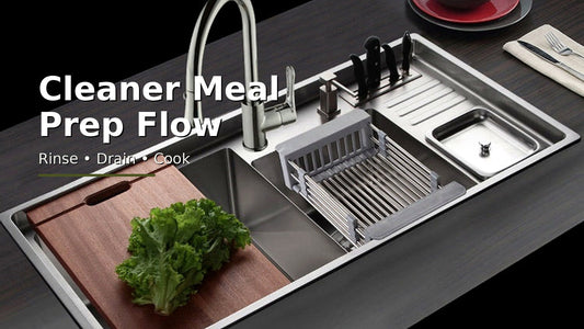 Expandable stainless steel sink basket creating a cleaner meal prep station over a modern kitchen sink.