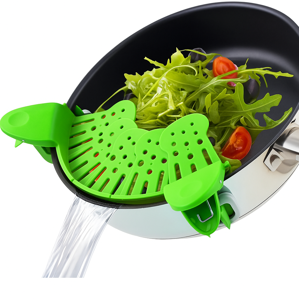 Green silicone clip-on strainer draining water from pan with fresh vegetables and cherry tomatoes